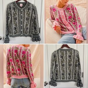 So Me Floral Intarsia Ruffle Hem Cardigan